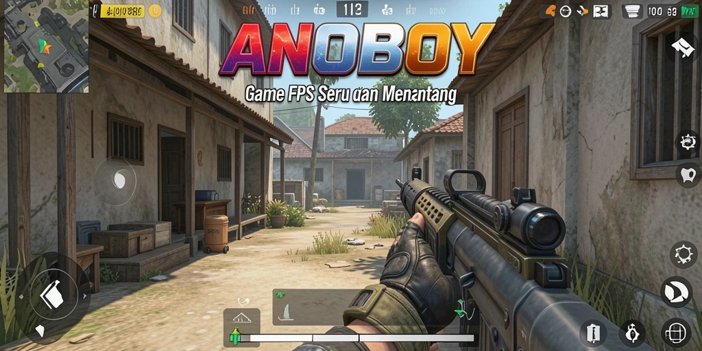 Tampilan dinamis dari gameplay intens ANOBOY dengan aksi tembak-menembak yang seru.