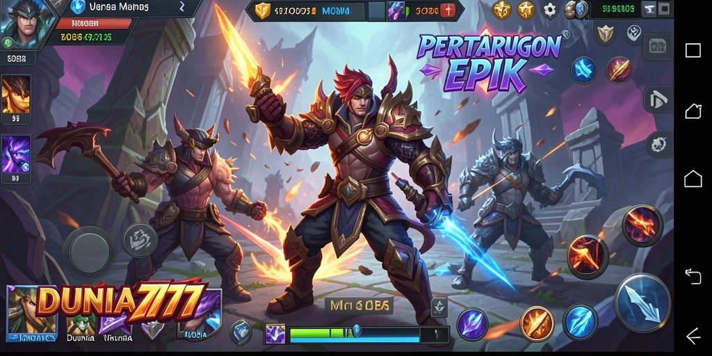 Screenshot gameplay DUNIA777 menampilkan pertarungan seru antar tim.