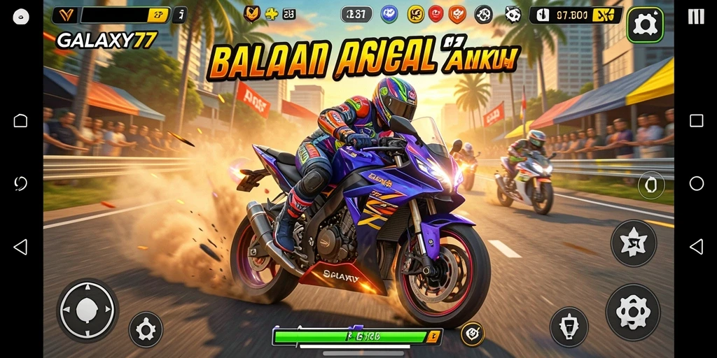 Screenshot gameplay <strong>GALAXY77</strong> menunjukkan aksi balapan motor yang mendebarkan.