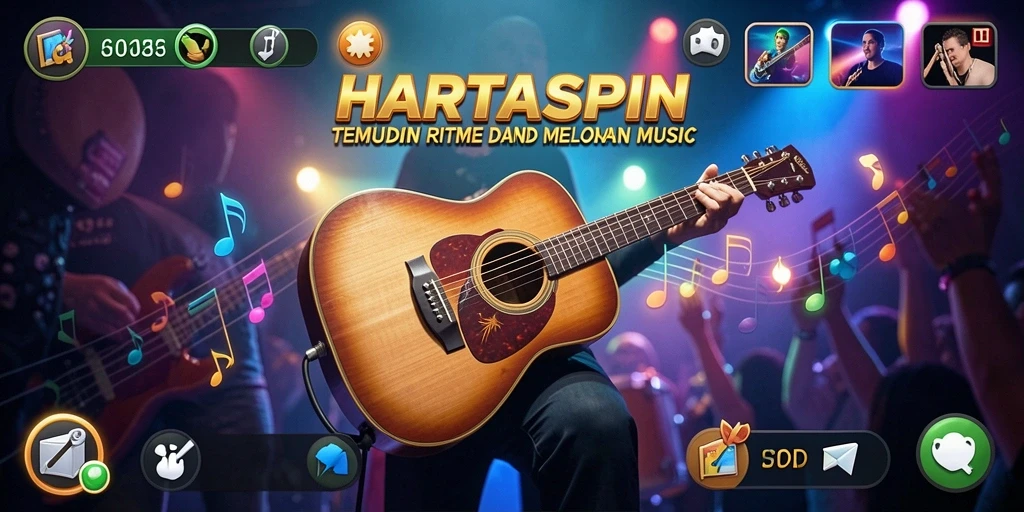Screenshot gameplay HARTASPIN dengan tampilan menarik dan interaksi musik.