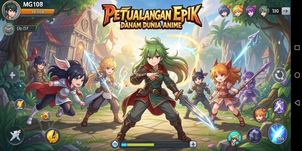 Tampilan menarik dari gameplay MG108 yang penuh warna dan karakter Anime.