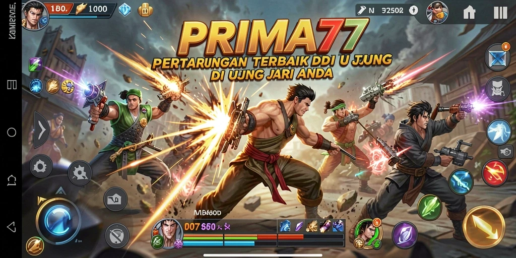 Screenshot utama PRIMA77 menampilkan aksi pertarungan yang seru dan menegangkan.