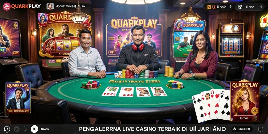 Screenshot utama QUARKPLAY menampilkan dealer profesional dan gameplay yang menarik.