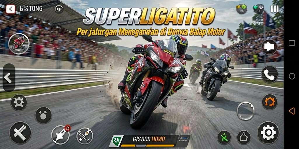 Screenshot gameplay <strong>SUPERLIGATOTO</strong> menunjukkan momen balapan yang mendebarkan.